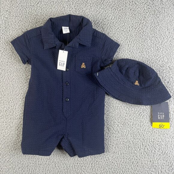 Baby Gap Romper Hat Baby 3-6 Month UPF 50 Blue 2 Piece Set Cotton Stretch - Picture 1 of 7